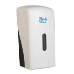 In the photo, there are two white tissue dispensers side by side, labeled Blake & White and Purely Smile. Both appear to be bulk pack toilet tissue dispensers made of white plastic. One dispenser has the label PS1727, while the other has 87634TC. The overall look is clean and functional.