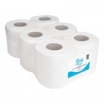 In the picture, there are 6 white hand towel rolls labeled as Blake & White. Each roll is 2 ply and has a length of 150m. The packaging includes the brand name Purely Smile and the product code of PS1212 87753TC. The rolls are neatly stacked and ready for use.