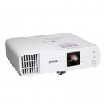 The photo shows a bright, white Epson projector with the brand name clearly displayed across the top. The projector is compact in size but emits a powerful 4500 ANSI lumens, ensuring a clear and vibrant display. The 3LCD technology produces sharp images with a resolution of 1280 x 800 pixels in the WXGA format. Cables are neatly connected to the back of the projector, including an HDMI and VGA port, as well as a USB port for easy connectivity. The design boasts simplicity and functionality, making it ideal for a variety of multimedia settings.