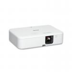 The image shows a sleek, black Epson projector with the CO-FH02 model name prominently displayed. The projector has a bright display, with 3000 ANSI lumens, perfect for any multimedia presentation or movie night. The 3LCD technology provides vibrant colors and a sharp resolution of 1920 x 1080 pixels, creating a full HD viewing experience. The compact size and simple design make it easy to set up and use in any home or office setting.