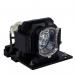 The picture shows a Hitachi projector lamp with a bright light shining from its bulb. The lamp has the distinctive Hitachi logo on its base and is securely attached to a projector. The overall look is sleek and professional, making it ideal for any presentation setting.