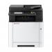 This image features the Kyocera Colour Laser Printer, model ECOSYS MA2600cwfx. The printer has a sleek, modern design with a white and black exterior. It has a large, easy-to-read display screen and a paper tray on the bottom. The printer is capable of producing high-quality, vibrant color prints at a resolution of 1200 x 1200 DPI. Overall, this multifunctional printer is a great addition to any office setting.