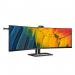The Philips 6000 Series monitor is a sleek, sophisticated display with a 44.5 inch UltraWide dual quad HD VA panel. The 5120 x 1440 pixel resolution offers stunning clarity and detail, while the integrated HDMI, DisplayPort, and USB-C docking options provide seamless connectivity. The monitor also comes equipped with a built-in webcam for convenient video conferencing. Overall, it boasts a modern and professional design that is perfect for any workspace.
