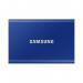 The picture shows a blue Samsung T7 500GB external solid state drive with a sleek and compact design. The USB-C port and Samsung logo are visible on the front, while the back features a textured surface. The device is on top of a dark surface, with a soft glow of light highlighting its modern features.