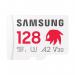 This image shows a Samsung memory card with a capacity of 128GB. It is a Sonic Pro Plus model, featuring V30 and A2 technology. The included adapter allows for easy transfer of data.