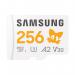This image features a sleek and compact Samsung Sonic Pro Plus 256GB V30 A2 MicroSD memory card, along with its adapter. The card is red and white with the Samsung logo, while the adapter is black. Both are displayed against a neutral background.
