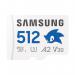 The photograph showcases a sleek Samsung Memory Card, the Samsung Sonic Pro Plus 512GB V30 A2 MicroSD, with its corresponding adapter. The card is black and features Samsungs logo, while the adapter is white. The small size of the card and adapter make them perfect for easy portability.