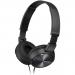 The image shows a pair of Sony MDR-ZX310 black headphones with a 3.5mm connector. The headphones are folded which makes them compact and easy to carry. They have a sleek and modern design, with the Sony logo visible on the ear cups. The headphones are wired, allowing for a reliable and high-quality audio experience.
