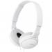 The photo shows a pair of white Sony headphones, specifically the MDR-ZX110 model. They are wired and have a 3.5mm connector. The headphones look sleek and modern, featuring the Sony logo on each earpiece. The over-the-ear design hints at comfortable and secure fit while wearing.