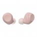 This photo shows a pair of pink Sony WF-C710N headphones. They are truly wireless, with no wires connecting the two earbuds. The headphones also have noise cancelling technology, and the Sony brand is clearly visible.
