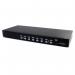 The picture shows a sleek and compact StarTech KVM switch with 8 ports, designed to save space on a rackmount setup. The USB and VGA ports are clearly visible, along with the built-in audio feature. Labels and indicators make it easy to navigate and control multiple devices.