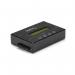 The StarTech Standalone 2.5 Inch 3.5 Inch SATA Hard Drive Duplicator and Eraser is a sturdy, compact device with a black and silver casing. The front panel features an LCD screen and multiple buttons for easy operation. The unit also has USB and power ports on the back.
