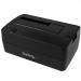 This image shows the sleek and compact StarTech Single Bay USB 3.1 eSATA to SATA Hard Drive Docking Station. It features a glossy black finish with a silver base and has a USB and eSATA port on the back. The station accommodates a single hard drive and has LED indicators for power and activity.