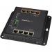 The photograph features a group of StarTech routers and switches, including an Industrial 8 Port Gigabit PoE Switch. The switch has four PoE+ ports with a power output of 30W each, and its model number is 8ST10157971. The devices are sleek and modern, with small LED lights indicating their status. The switch has a matte black finish, while the routers have a shiny silver exterior. All devices have multiple ethernet ports and small ventilation holes on the bottom.