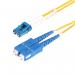 This picture shows a bundle of StarTech Fibre Cables, specifically a 3m LC to SC OS2 Single Mode Duplex Fibre Optic Cable. The cable features a sleek black design with connectors at each end, and is tightly coiled and neatly banded for easy storage and installation.