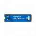 This photograph shows a Western Digital Blue SN5000 4TB M.2 PCI Express 4.0 NVMe internal solid state drive. It is a sleek and compact device with a blue casing and silver accents. The logo and product name are visible on the top of the drive. The drive is shown in a close-up angle, highlighting its modern and powerful design.
