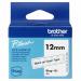 In this photograph, we see a pack of Brother label tapes with 12mm width, featuring sleek black text on a clear background. The tapes are neatly arranged in a row, showcasing their high-quality labelling capabilities. The design is simple yet professional, making it a practical choice for both personal and business use.