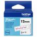 The photo shows a Brother label tape in red on a clear background. The tape is 12mm wide and is designed for use with Brother label makers. The label tape is neatly wound and ready to be used for labeling various items.