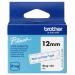 The image shows a Brother label tape with a width of 12mm in a vibrant blue color. The background is clear, allowing for easy readability. The tape is neatly wound on a spool and is made specifically for label-making purposes.