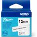 The photograph shows a Brother label tape with 12 mm width, in black and white color. The label is neatly printed with the Brother logo on the side. The text on the tape is clear and easy to read with a professional finish.