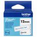 In the image, there is a package of Brother label tapes, specifically the 12mm blue on white tape. The tape is neatly wound around a spool, the label is clearly visible and the packaging is labeled with the brand name Brother. The label tape is designed for labeling items and the blue and white color combination creates a clean and professional look.