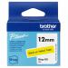 A high-quality photograph of Brother Label Tapes Brother 12mm Black on Yellow Tape showcasing crisp, black lettering on a vibrant yellow background. The tape appears durable and easy to use, with clear lines and precise edges. Perfect for labeling items in a professional or personal setting.