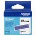 In the photo, a roll of Brother 12mm black on purple tape is shown. The label tapes are neatly organized and displayed on a solid surface, with the label clearly visible in white lettering against a vibrant purple background. The tape appears to be of high quality and suitable for various labeling purposes.