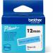 The photograph shows a roll of blue on light blue labelling tape, specifically Brother 12mm wide, made by Brother. The label tape reads BTAGL33 and BRBTAGL33.