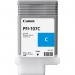 The Canon Ink Cartridges PFI107C Cyan appears as a compact, cylindrical cartridge with a deep blue color and a label that reads Canon and 130ml. Its size and color make it easily distinguishable and compatible with Canon printers.