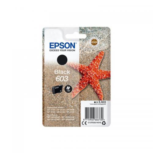 The image shows a pack of Epson 603 Starfish Black Ink Cartridges. The cartridges have a standard capacity of 3.4ml and come in a blister pack. The design features the Epson logo and product name. The cartridges are black in color with a starfish symbol on the label.
