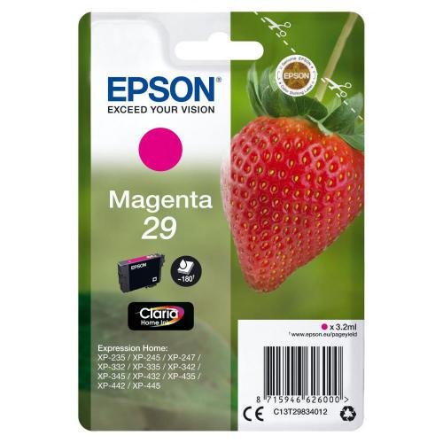 The photograph shows a group of vibrant Epson ink cartridges in magenta, neatly packaged in a blister pack. They are labeled T2983 Strawberry Magenta Standard Capacity Ink Cartridge and have the product code C13T29834022 EPT29834022.