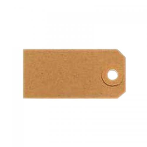 The photograph shows a pack of 1000 unbranded, 108 x 54mm buff-colored tagging tags with accompanying tagging guns. The tags are unstrung and single, with no product codes visible. The background is a light color, possibly a table or counter.
