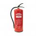 A group of red Fireking Fire Extinguishers, each containing 9 liters of water, is pictured with the letters XWS9 and FM49314 visible on the labels. The extinguishers are held up in the air and ready to be used in case of a fire emergency.