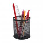 The picture shows a sleek and practical 5 Star Pen Pot made of wire mesh, with a diameter of 80mm and a height of 95mm. It is colored in classic black and has a sturdy build. Surrounding the pen pot are 5 Star Desk Sets & Tidies, also in black, adding a touch of organization to any desk. The sets include various compartments, holders, and trays, providing plenty of space for storing office supplies and keeping them within reach. The entire setup exudes a professional and modern aesthetic, perfect for any workspace.