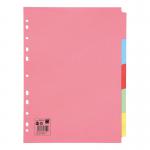 This picture shows a set of 5 Star Eco Dividers, specifically the 5 Star Office Subject Dividers. These are 5-part dividers made of recycled card, with a weight of 155gsm. They are multipunched to fit in any A4 binder, and come in assorted colors.