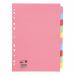 This picture features 5 Star Eco Dividers with 10 parts, made from 155gsm recycled card and multipunched for use in A4 sized binders. The dividers come in an assorted pack with a vibrant mix of colors to make organizing your office materials both practical and stylish.