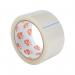 This photograph showcases a pack of 3 large, easy-tear polypropylene clear tape rolls, ideal for packaging and office use. Each roll measures 48mmx66m and has a thickness of 40 microns, ensuring durability and strength. The label reads 5 Star Packing Tape 5 Star Office in bold black font against a white background. The tapes are neatly stacked on top of one another, with a blue line pattern on the packaging.