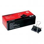 The photo shows a pack of 12 5 Star Office Foldback Clips in classic black measuring 32mm each. Each clip is sturdy and has a strong grip, making them perfect for organizing and securing papers. The smooth finish gives them a professional look.