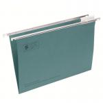 This picture shows a pack of 50 5 Star office suspension files, each made of 180gsm manilla paper and featuring 15mm V-base tabs and inserts. The files are in foolscap size and come in a vibrant green color.