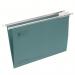 This picture shows a pack of 50 5 Star office suspension files, each made of 180gsm manilla paper and featuring 15mm V-base tabs and inserts. The files are in foolscap size and come in a vibrant green color.