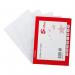 The photograph shows a pack of 100 clear A4 files with embossed cut flush designs. Each file has a thumb hole and is made of 90 micron polypropylene material.