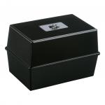 The picture shows a 5 Star Office Card Index Box in sleek black color. It is designed to hold up to 250 cards and is labeled with a prominent 5 Star logo. The box appears to be sturdy and compact, perfect for organizing and storing index cards.