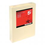 This photo features a pack of 500 ream-wrapped, 80gsm A4 light cream colored copier paper from 5 Star Office. Each sheet has a smooth texture and is suitable for use with various printers and photocopiers. The pack is wrapped in plastic with a 5 star logo on it. The paper has a light, cream-colored hue and is perfect for various office needs.
