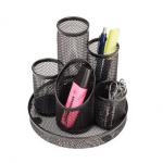 The 5 Star Desk Sets & Tidies picture features a sleek, black wire mesh desk tidy with a scratch-resistant and non-marking base. It has five compartments to neatly organize office supplies and keep your desk clutter-free. The modern design adds a professional touch to any office space.