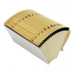 The photo shows a cream-colored expanding file with 19 pockets, labeled A-Z, from 5 Star Office. The file is opened, showcasing its accordion-style design with each pocket expanding to hold documents. Its sturdy construction is visible, and the color gives it a professional look.