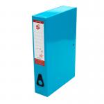 This photo shows a stack of 5 blue foolscap box files from 5 Star Office, each labeled with a white tag. The files are neatly arranged and ready for organization.
