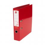 The image shows a stack of 10 red lever arch files, with the 5 Star logo prominently displayed on the front cover. The files are labeled as Foolscap size and have a glossy finish. Each file has a metal lever to open and close the file, with a label holder on the spine. The files are neatly arranged and look sturdy and professional.