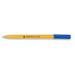 The image shows a pack of 50 5 Star ballpoint pens with yellow barrels and a fine 0.7mm tip. Each pen creates a precise blue line of 0.3mm. The pens are neatly arranged in rows, ready to provide smooth and consistent writing.