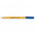 A pack of 50 yellow barrel 5 Star Office ballpoint pens, each with a fine 0.7mm tip and 0.3mm line in blue ink. The pens are lined up neatly in rows, ready for use. Each pen has a clear plastic cap to protect the tip. The barrels are a bright and cheerful shade of yellow.