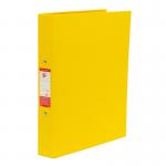The photograph shows 10 bright yellow 5 Star Office 2 O-Ring Binders, each with 5-star branding on the cover. They are made of durable polypropylene and designed for A4-sized documents. The binders have a professional appearance, with 2 rings to securely hold paper.